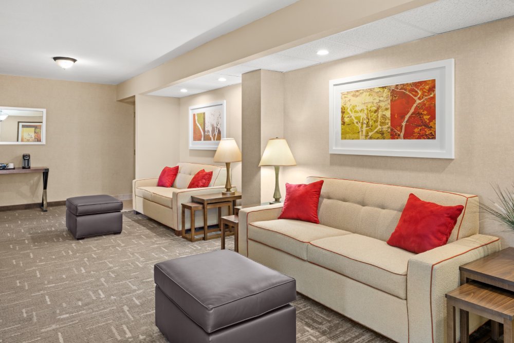 Two couches and a large living area in the family suite